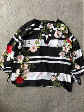 Zac & Rachel Black and White Striped Floral Notch-Neck Blouse